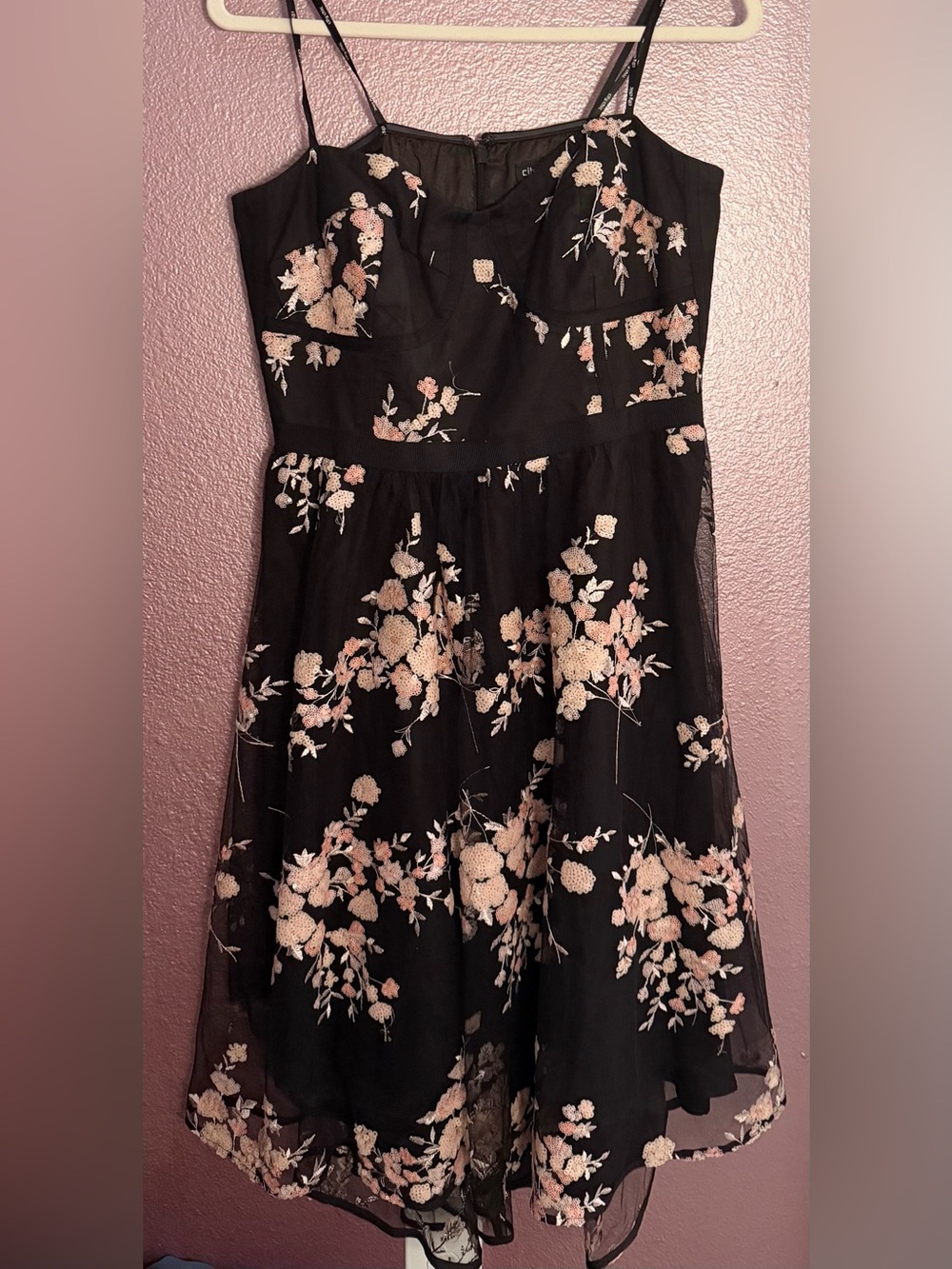 City Chic Black Dress with Pink Sequin Floral Accents